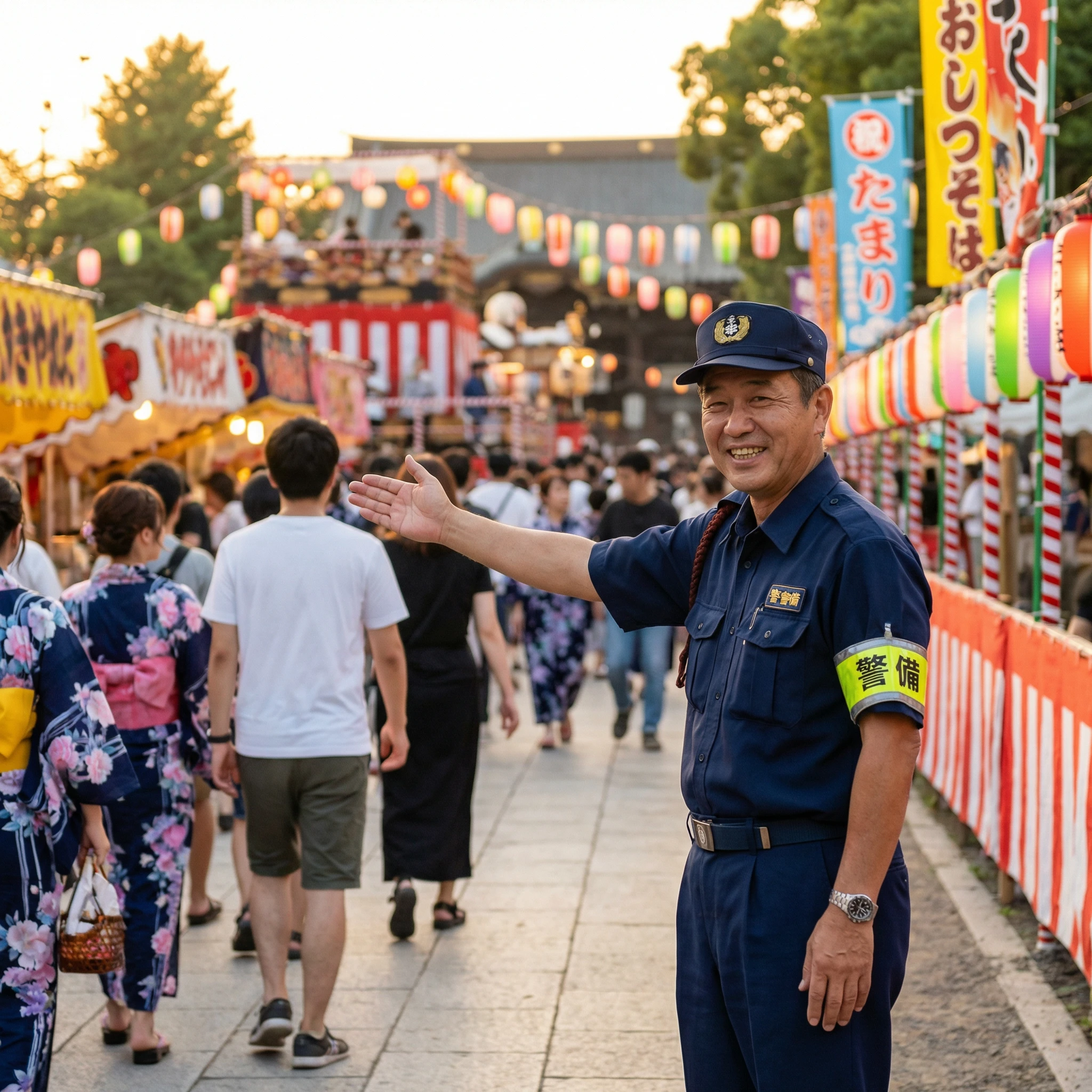 お祭りでの案内業務を行うスタッフ