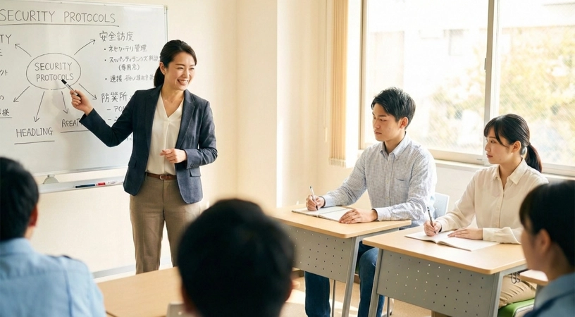 警備研修の様子、講師が受講生に指導している風景